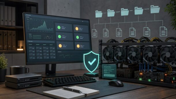 GPU-ферма и экран мониторинга с символом проверки для руководства по EasyMiner